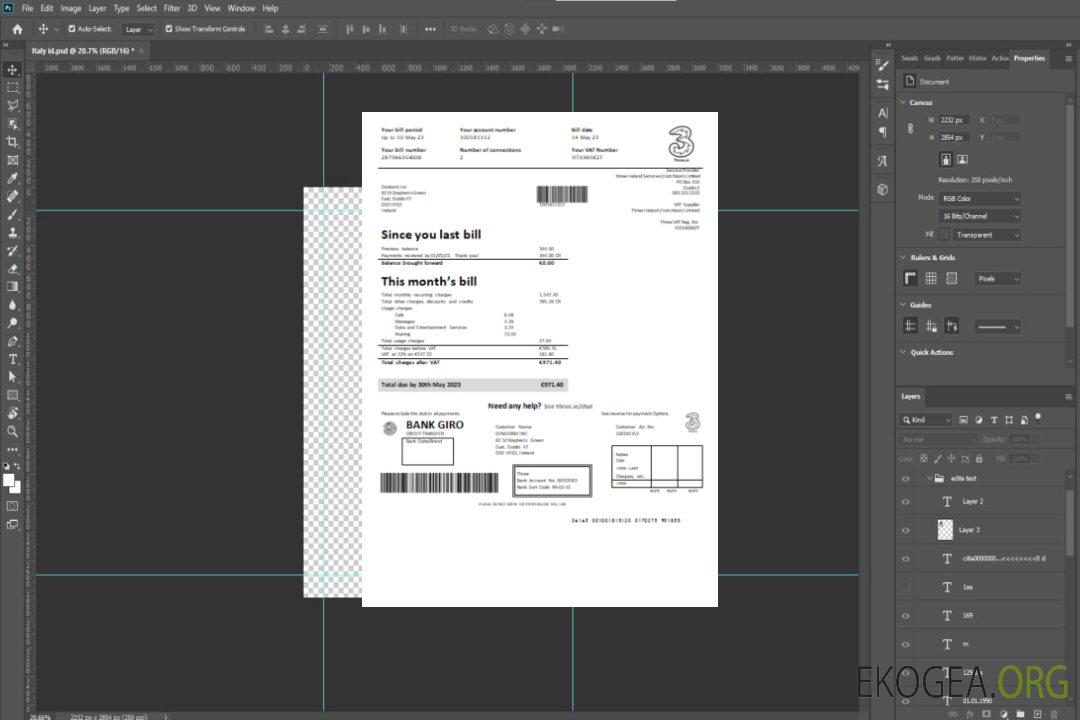 Facture commerciale de services publics de Three Ireland (Hutchison) Limited, GO template